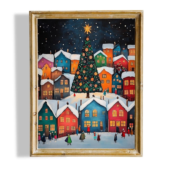 Christmas Tree Wall Art Snowy Winter Village Print Cute Christmas Holiday Art Christmas Wall Decor Instant