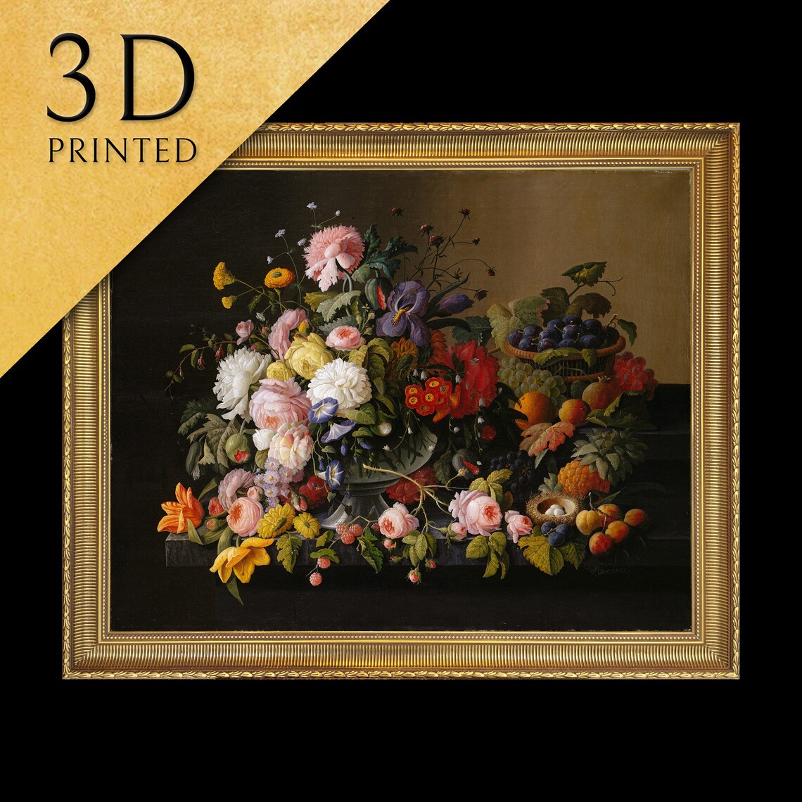 Lush Bouquet of Roses and Mixed Flowers with Fruit Still Life Poster