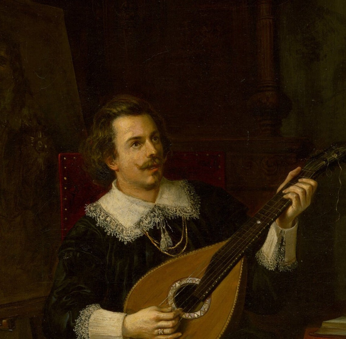 Cavalier Playing the Lute for a Lady in a Red Gown Art Poster - Image 3