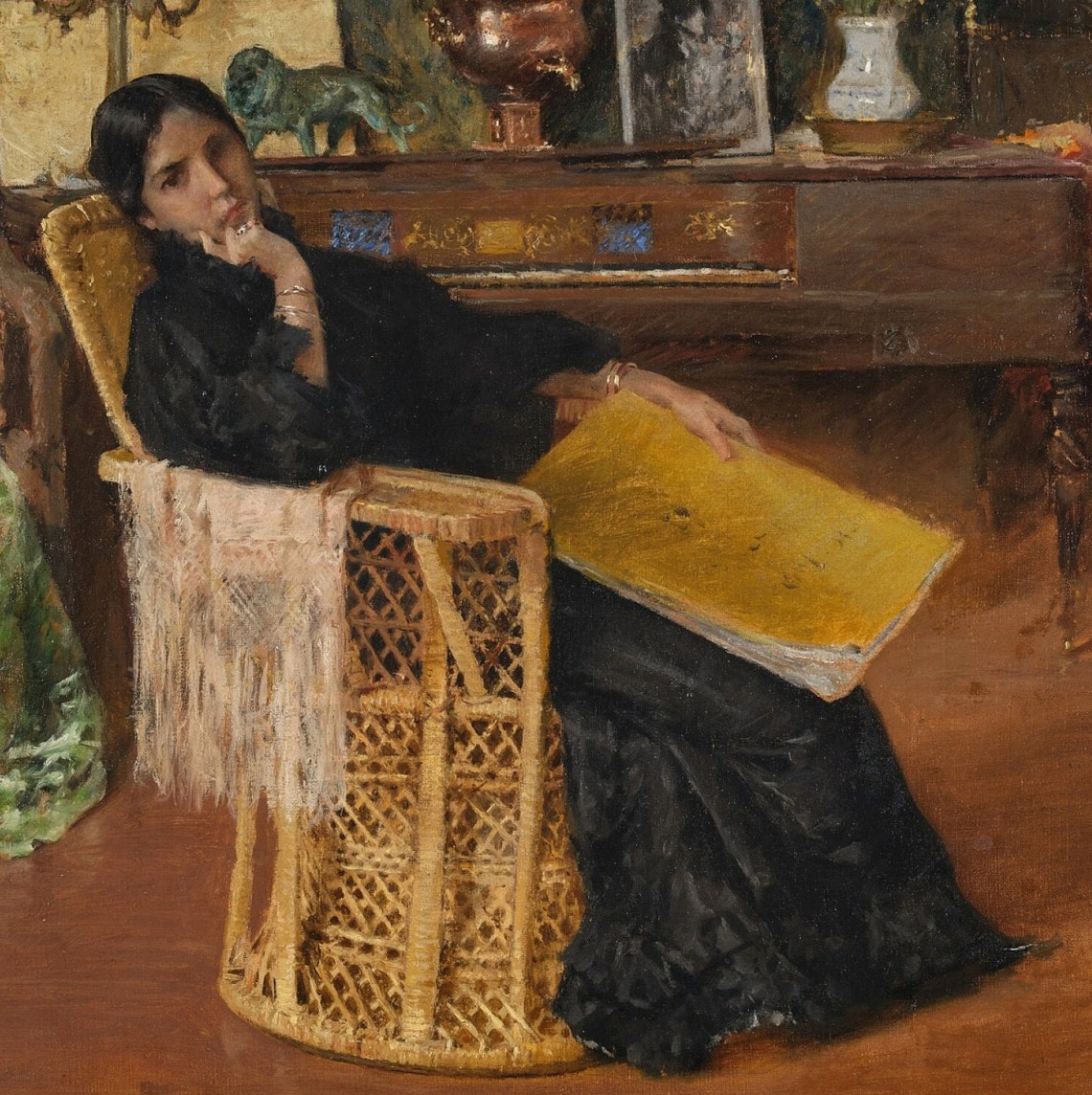 Elegant Lady in Black Reclining Chair Classic Interior Art Poster - Image 2