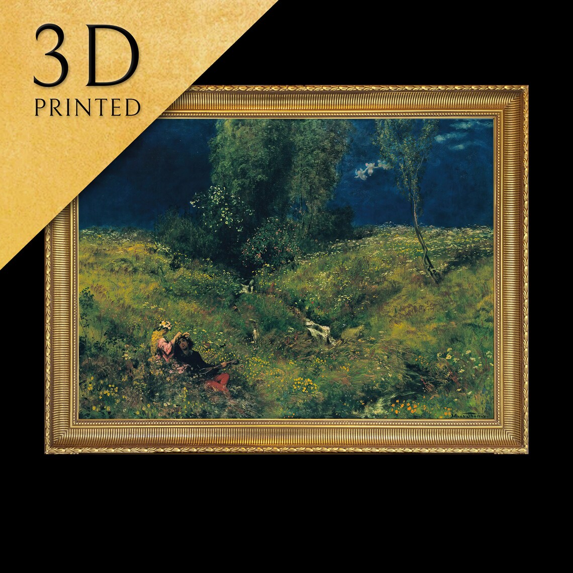 Moonlit Wildflower Meadow With a Reclining Woman Night Classic Art Poster
