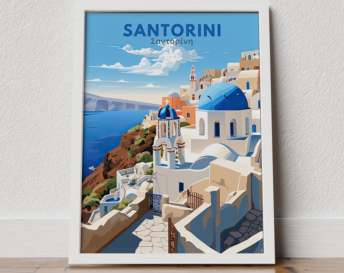Santorini Greece Blue Domes Caldera View Summer Travel Poster