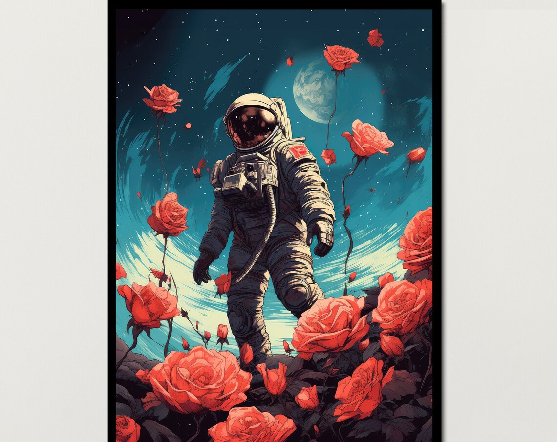 Astronaut Walking Among Giant Red Roses Space Fantasy Art Poster - Image 6