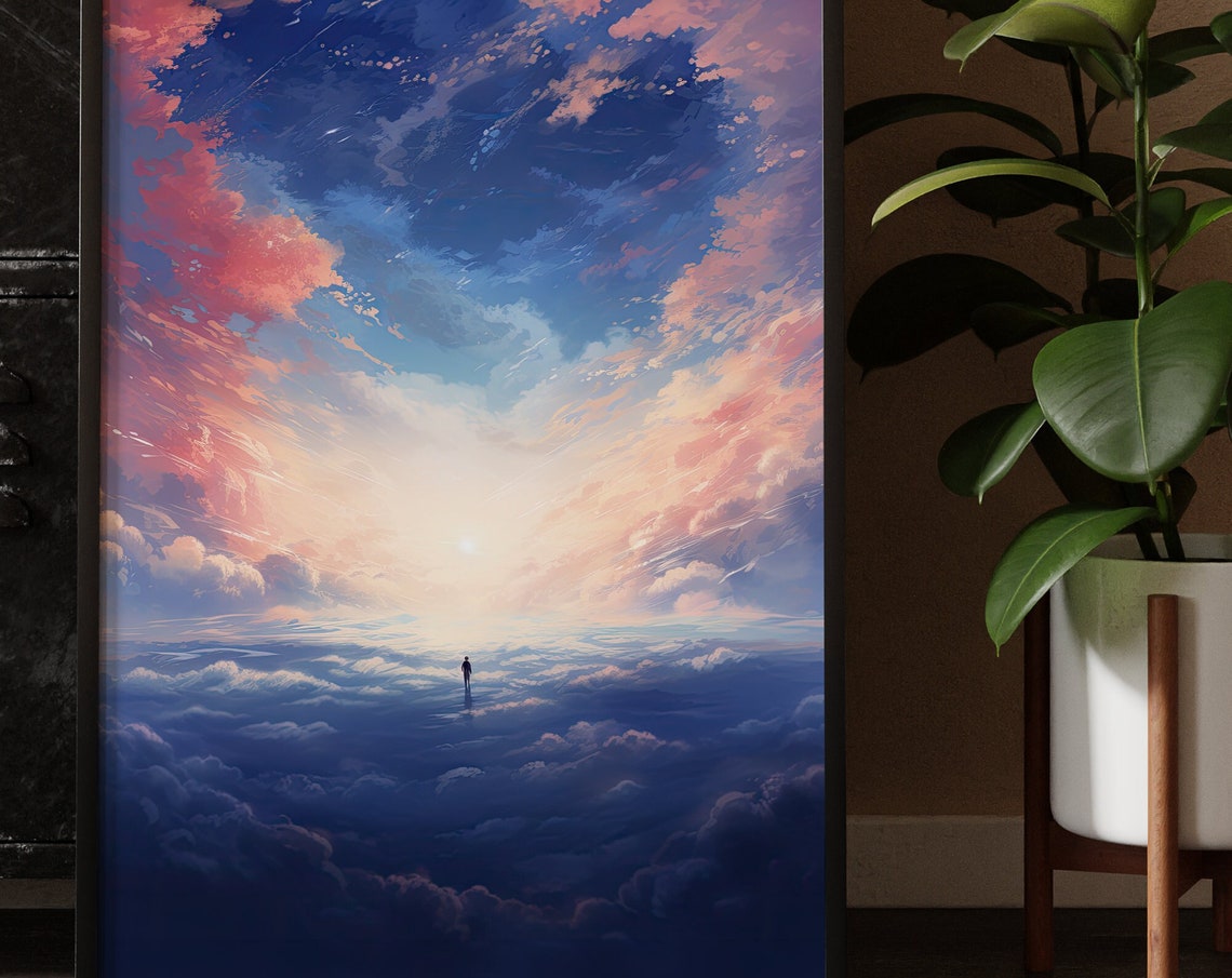 Dreamy Cloudscape Above The Clouds Tiny Figure Sunset Sky Poster - Image 6