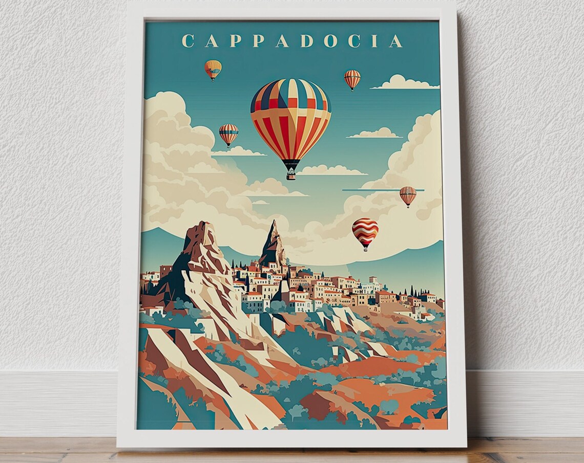 Cappadocia Retro Hot Air Balloons Over Fairy Chimney Town Poster