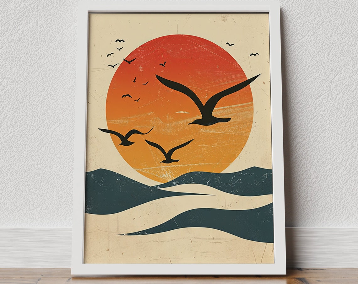 Seagulls Flying Over Big Red Sun Waves Vintage Coastal Art Poster