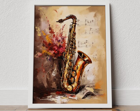 Golden Saxophone Still Life Oil Painting Flowers Sheet Music Poster