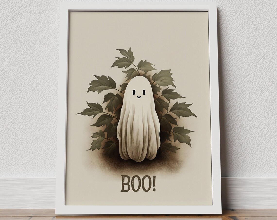 Cute Ghost Boo Vintage Halloween Autumn Leaves Nursery Art Poster