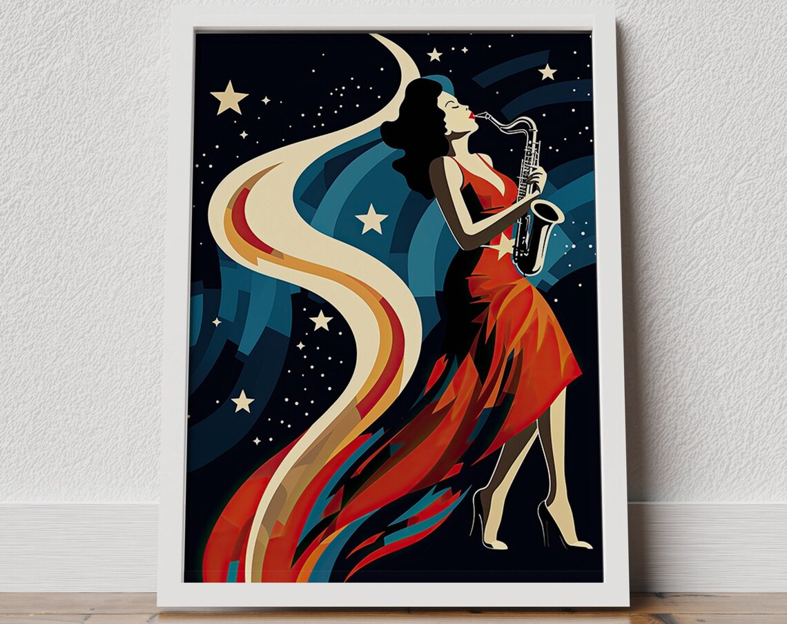 Saxophone Lady Red Dress Starry Night Art Deco Jazz Music Poster