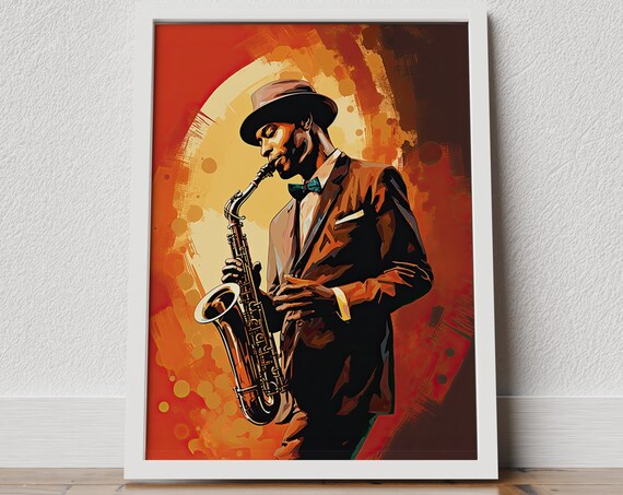 Jazz Saxophonist Hat Bow Tie Fiery Orange Stylized Art Poster