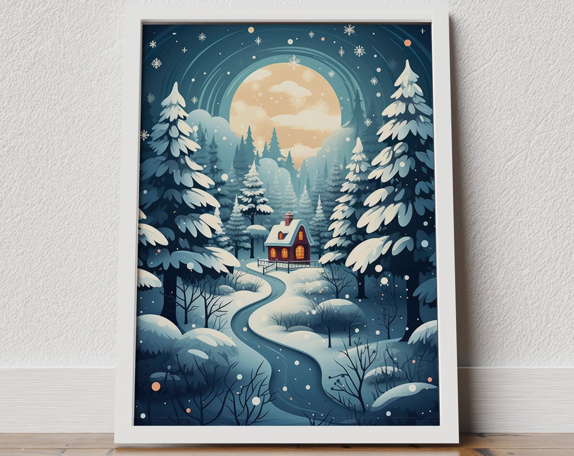 Cozy First Snow Moonlit Cabin Winter Forest Night Scene Poster