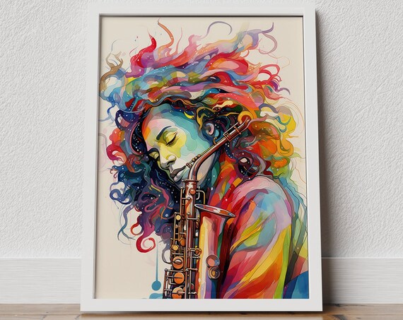 Colorful Woman Saxophonist Watercolor Jazz Portrait Music Art Poster