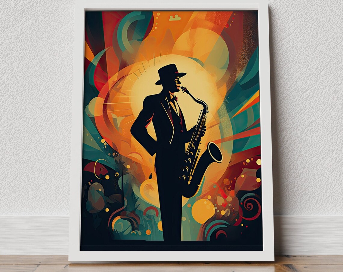 Jazz Saxophonist Silhouette Art Deco Warm Colors Music Poster