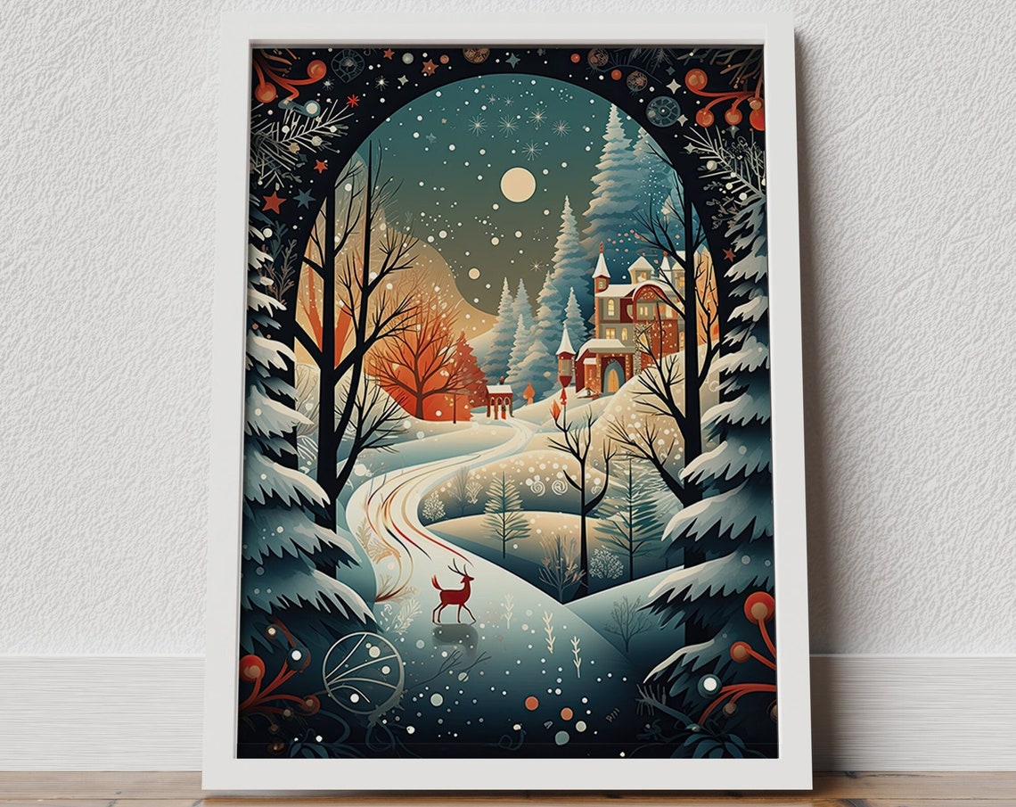 Winter Wonderland Deer Cabin Snowy Forest Moonlit Night Poster