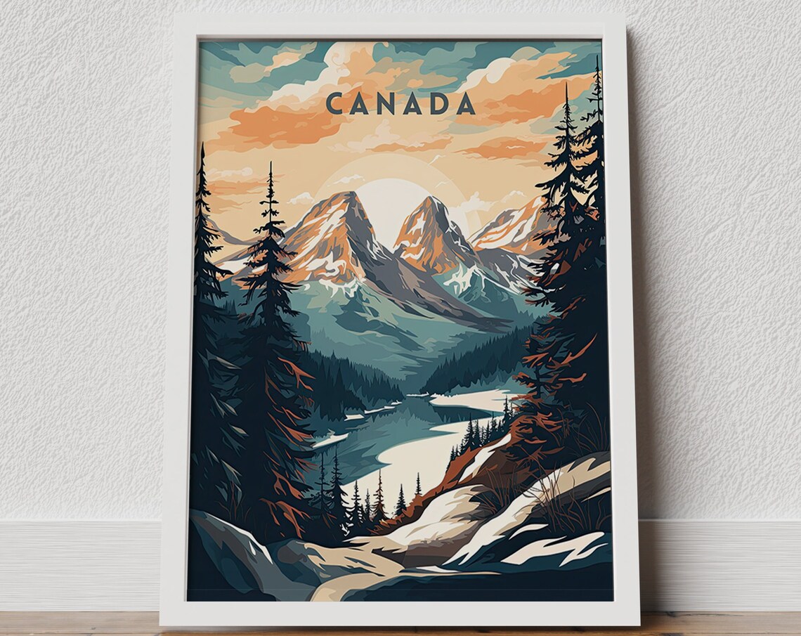 Canada Vintage Travel Mountain Lake Pine Forest Scene Poster
