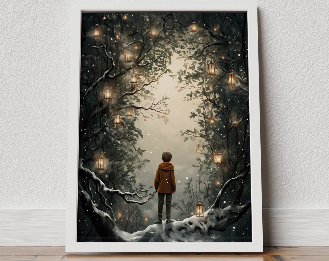 Magical Snowy Forest Lantern Boy Winter Wonderland Scene Poster