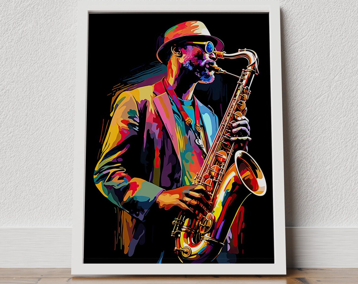 Colorful Pop Art Saxophonist With Hat Sunglasses Black Poster