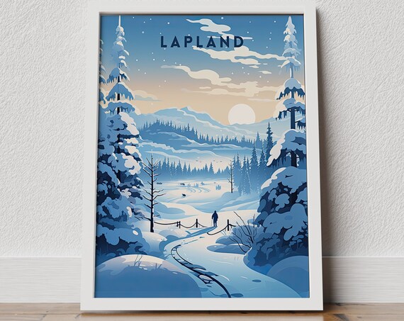 Lapland Travel Lapland Poster Finland Poster Lapland Print Finland Travel Poster Retro Art Print Scandinavian Landscape Snowy Mountains