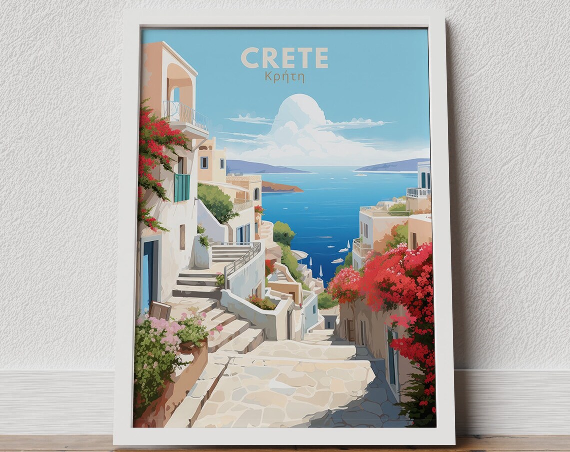 Crete Greece Island Street Bougainvillea Sea View Travel Poster