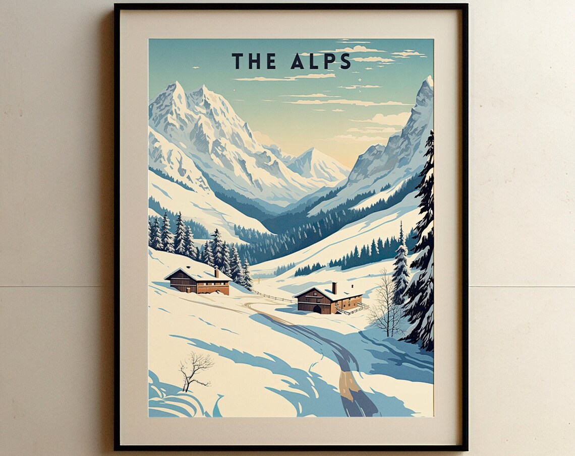 The Alps Vintage Travel Snowy Mountain Peaks Chalet Scene Poster - Image 7