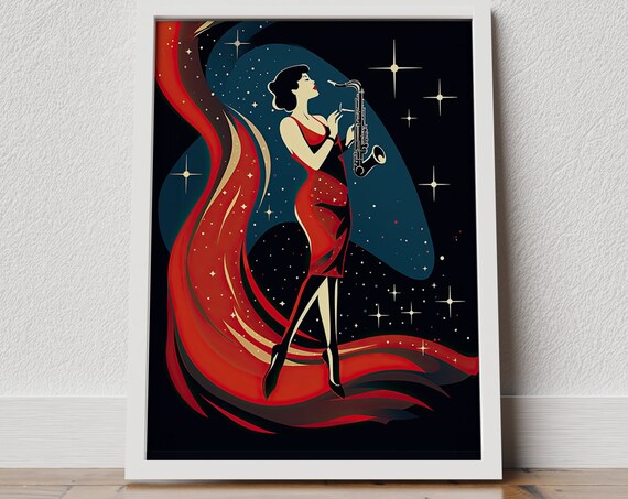 Jazz Saxophone Woman Red Dress Starry Night Art Deco Style Poster