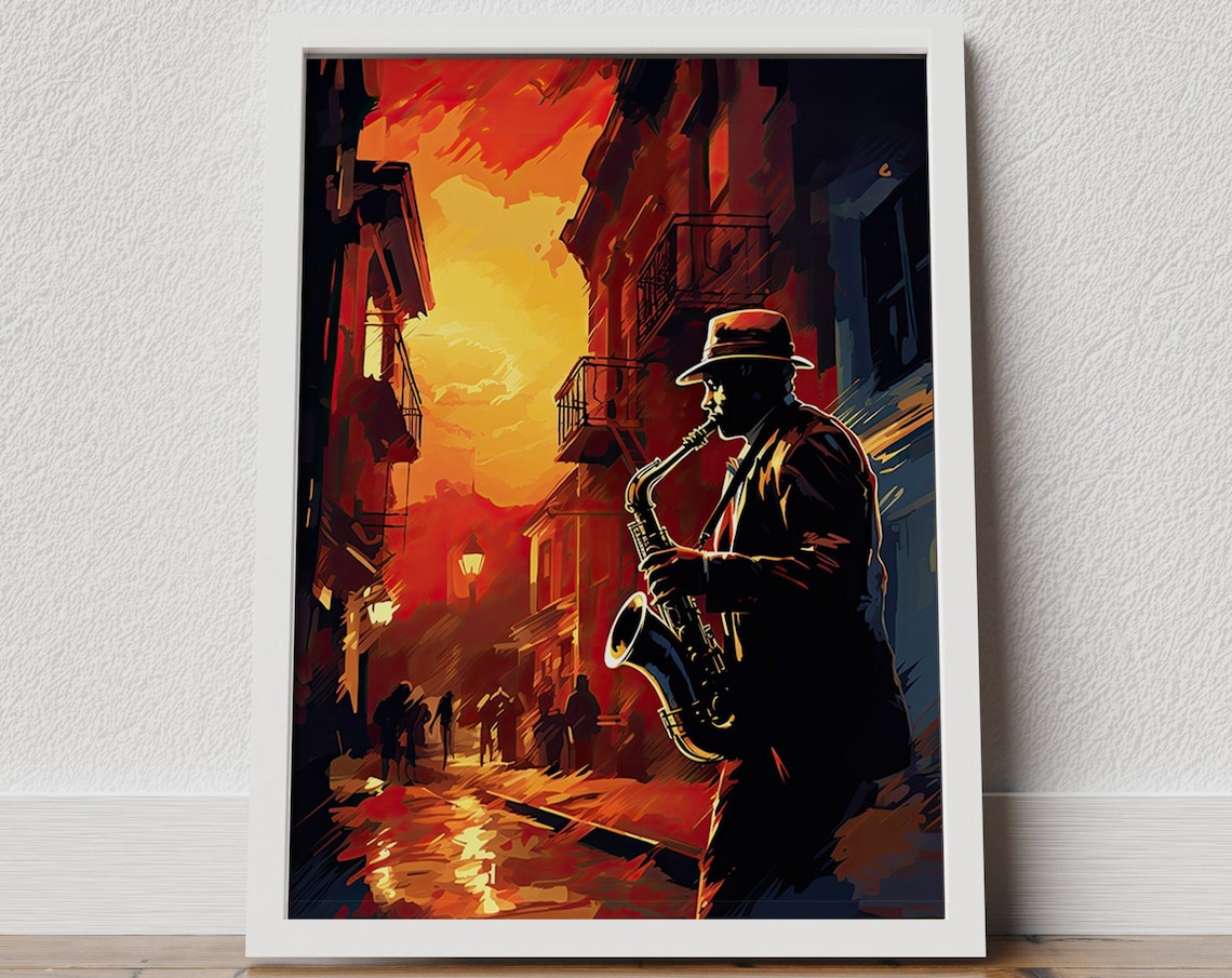 Saxophone Player Sunset Street Jazz Scene Painterly Art Poster