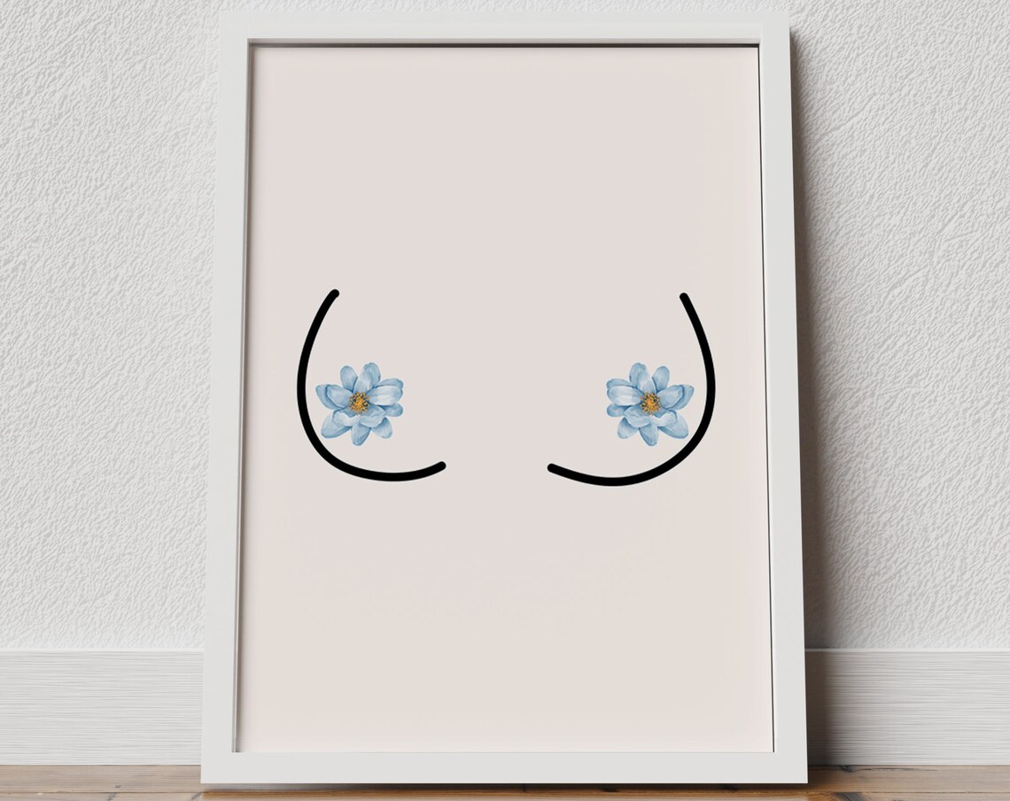 Minimalist Feminine Line Art with Blue Flowers Botanical Poster