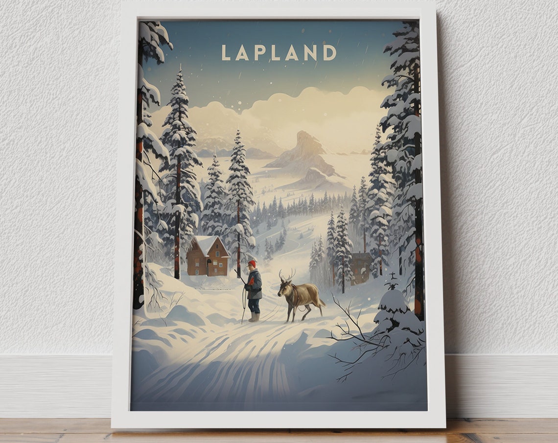 Lapland Travel Lapland Poster Finland Poster Lapland Print Finland Travel Poster Retro Art Print Scandinavian Landscape Snowy Mountains