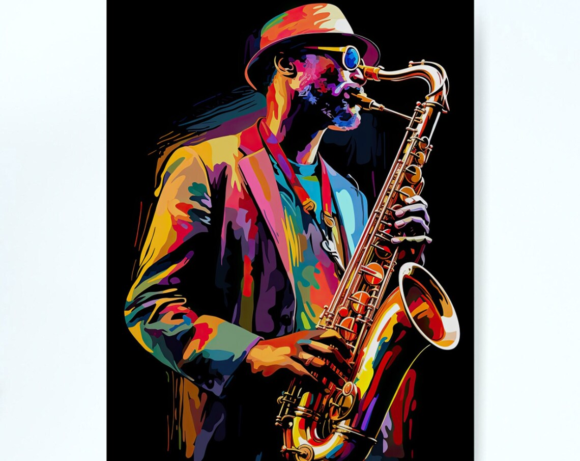 Colorful Pop Art Saxophonist With Hat Sunglasses Black Poster - Image 6