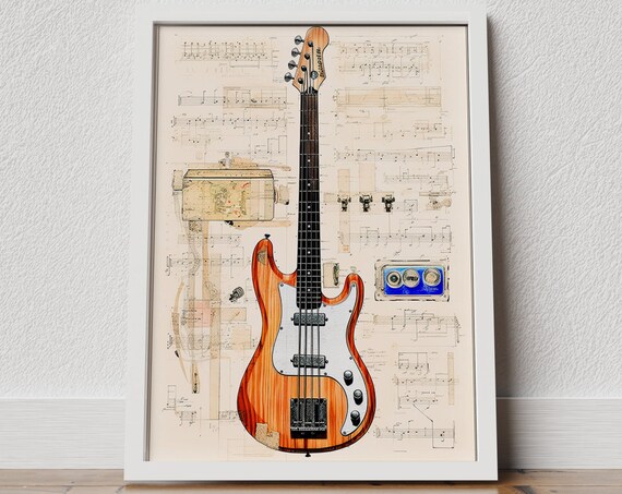 Vintage Bass Guitar Poster, Retro Music Decor