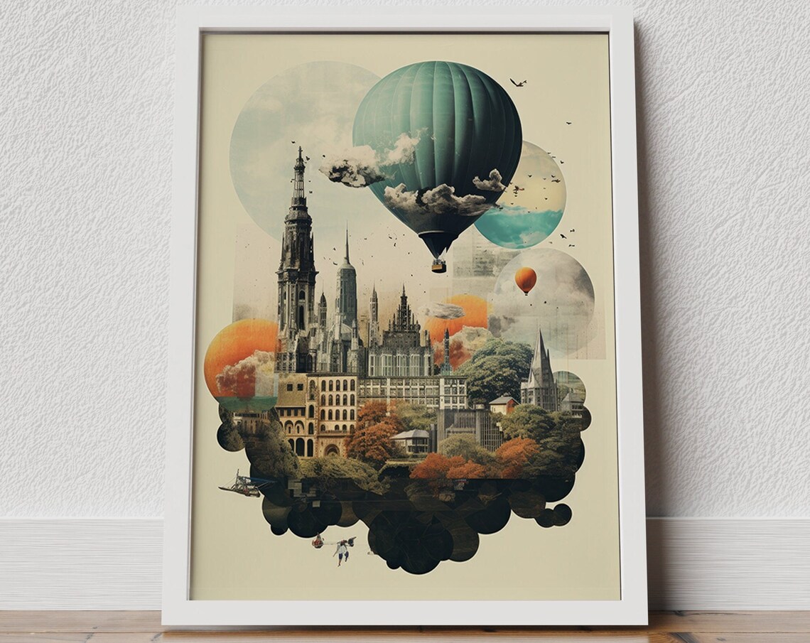 Vintage Travel Collage Hot Air Balloons Over Old City Poster