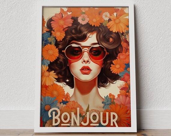 Bonjour Poster French Print Retro Wall Art Bonjour Print Wall Art Bonjour Retro Wall Decor Bonjour Typography Print Bonjour Print