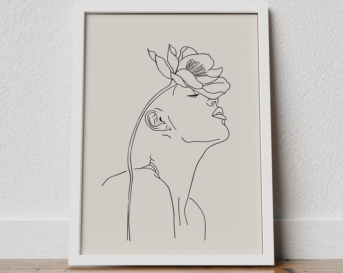 Elegant Line Art Woman with Magnolia Flower Beige Art Poster
