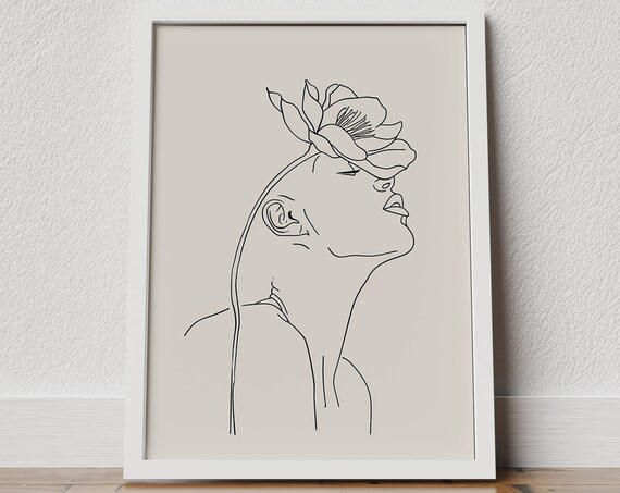 Elegant Line Art Woman with Magnolia Flower Beige Art Poster