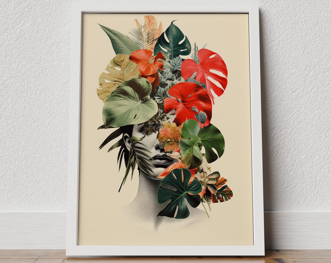 Tropical Monstera Leaves Woman Face Botanical Collage Poster