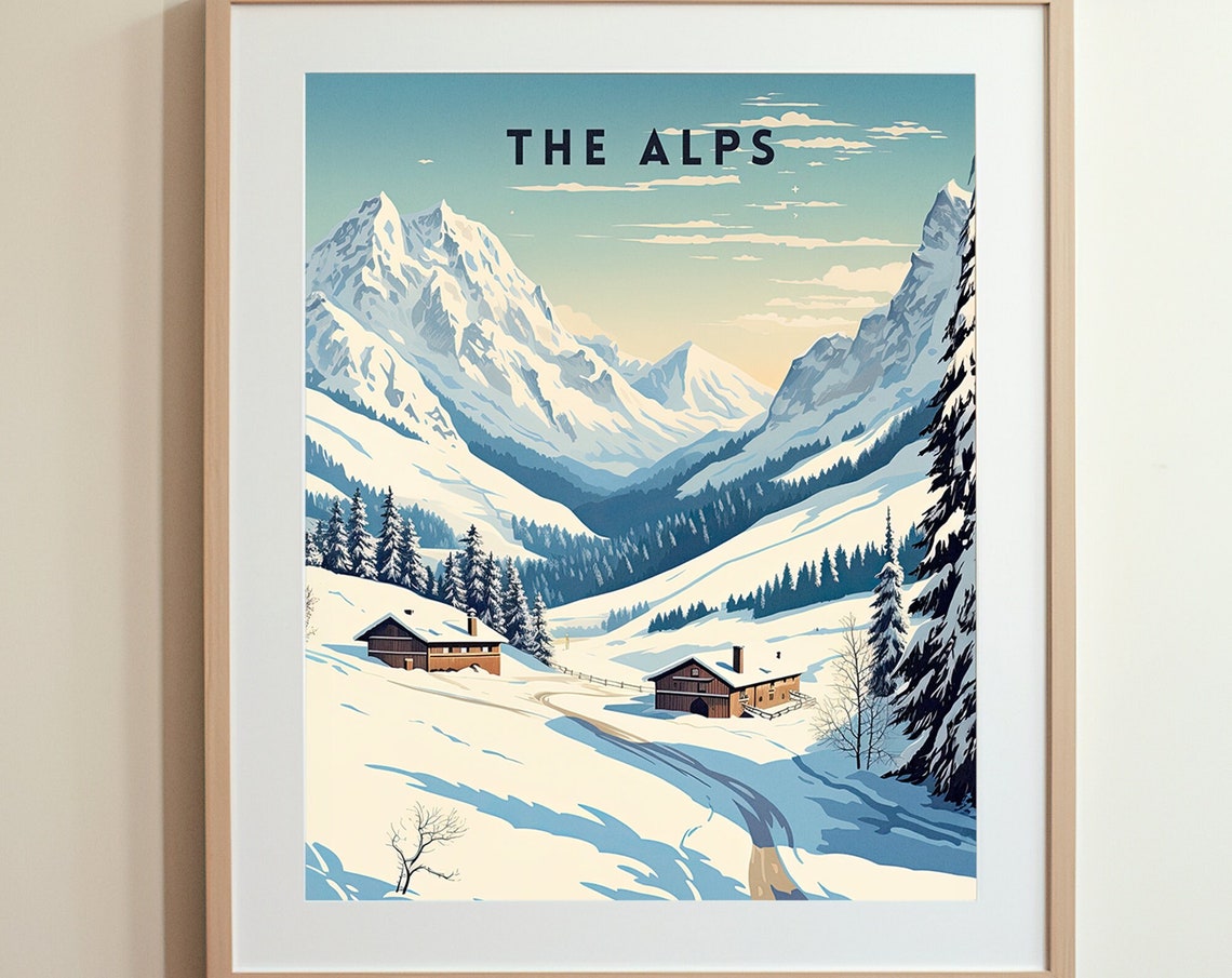 The Alps Vintage Travel Snowy Mountain Peaks Chalet Scene Poster - Image 6