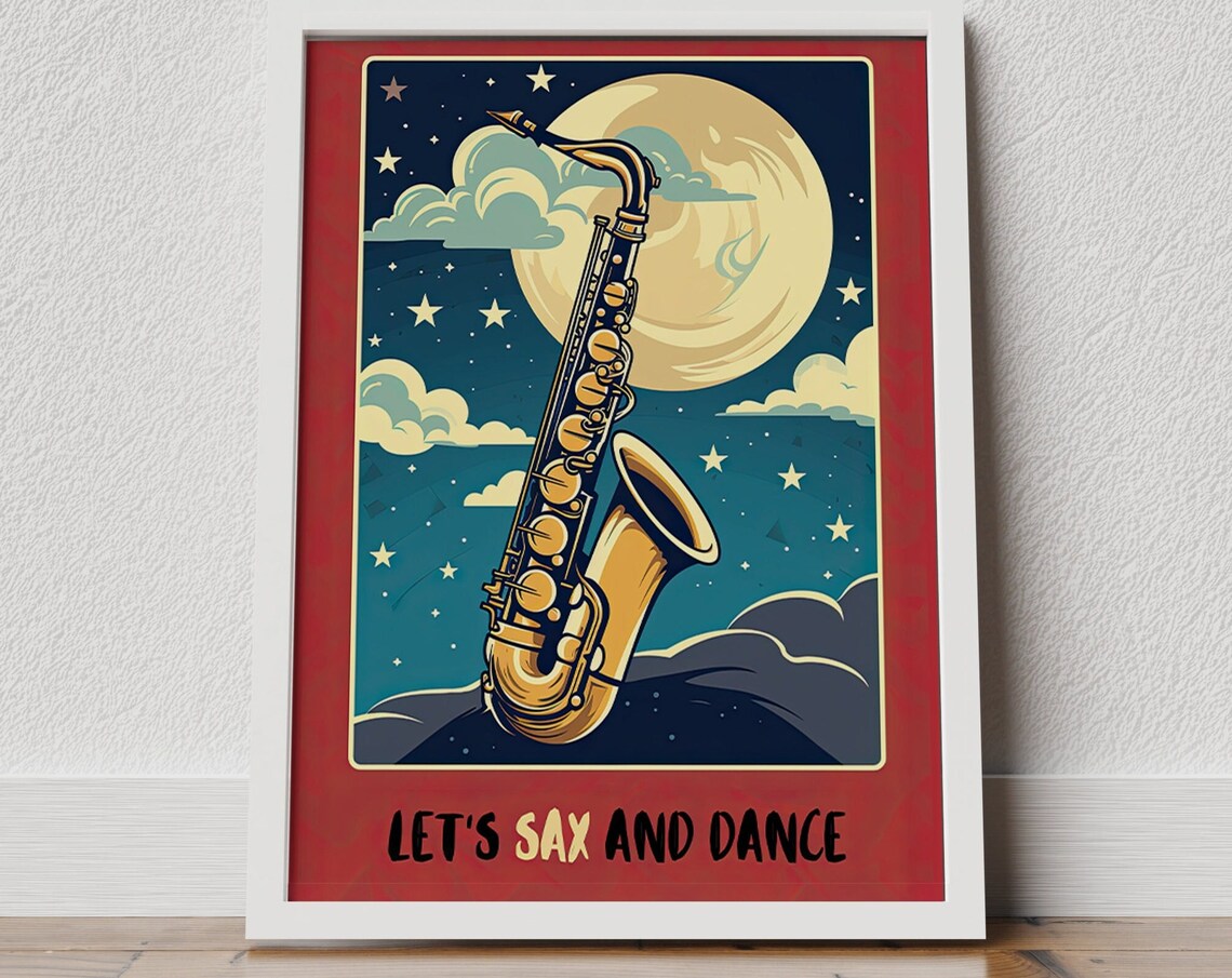 Let's Sax and Dance Saxophone Moon Retro Jazz Music Art Poster