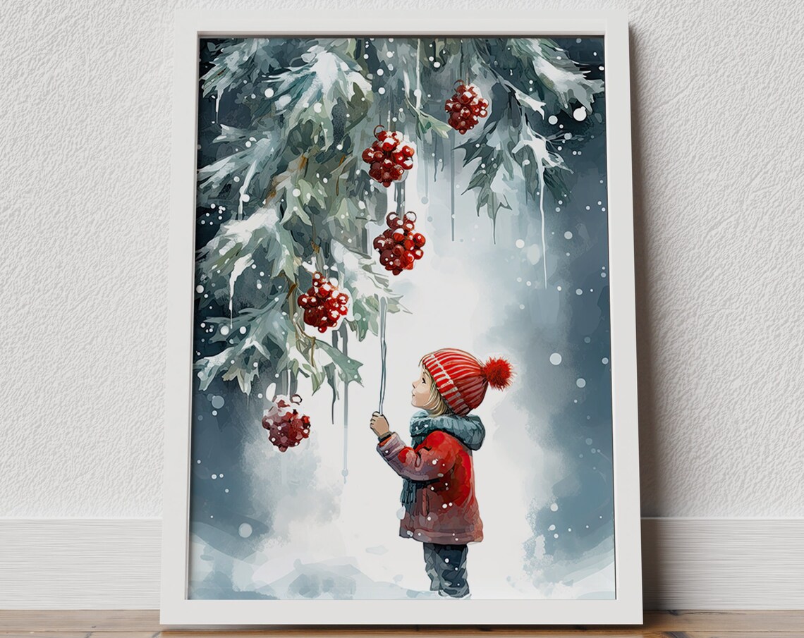 Snowy Winter Child Hanging Red Berry Ornaments Christmas Poster