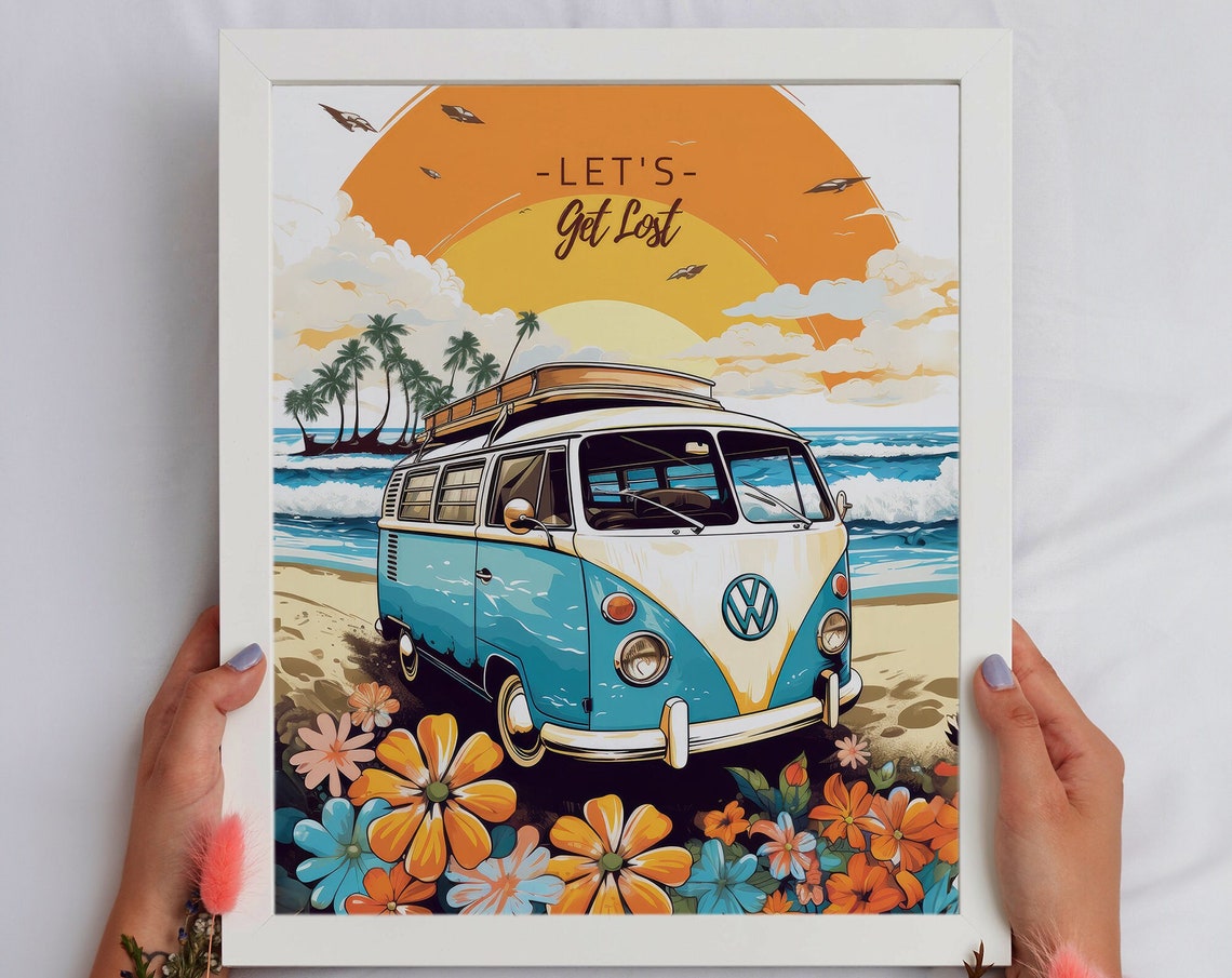 Lets Get Lost VW Camper Van Beach Sunset Floral Adventure Poster - Image 5