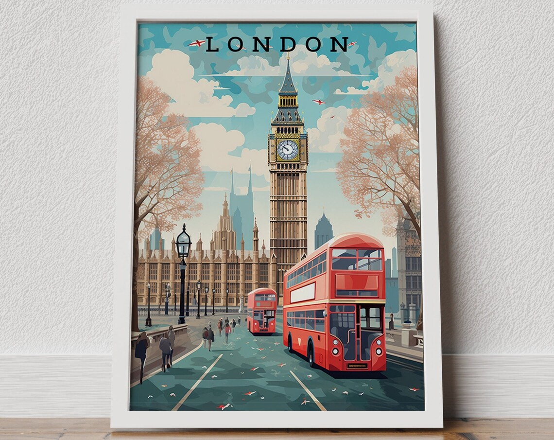 London Big Ben Red Double Decker Bus Westminster Travel Poster Art