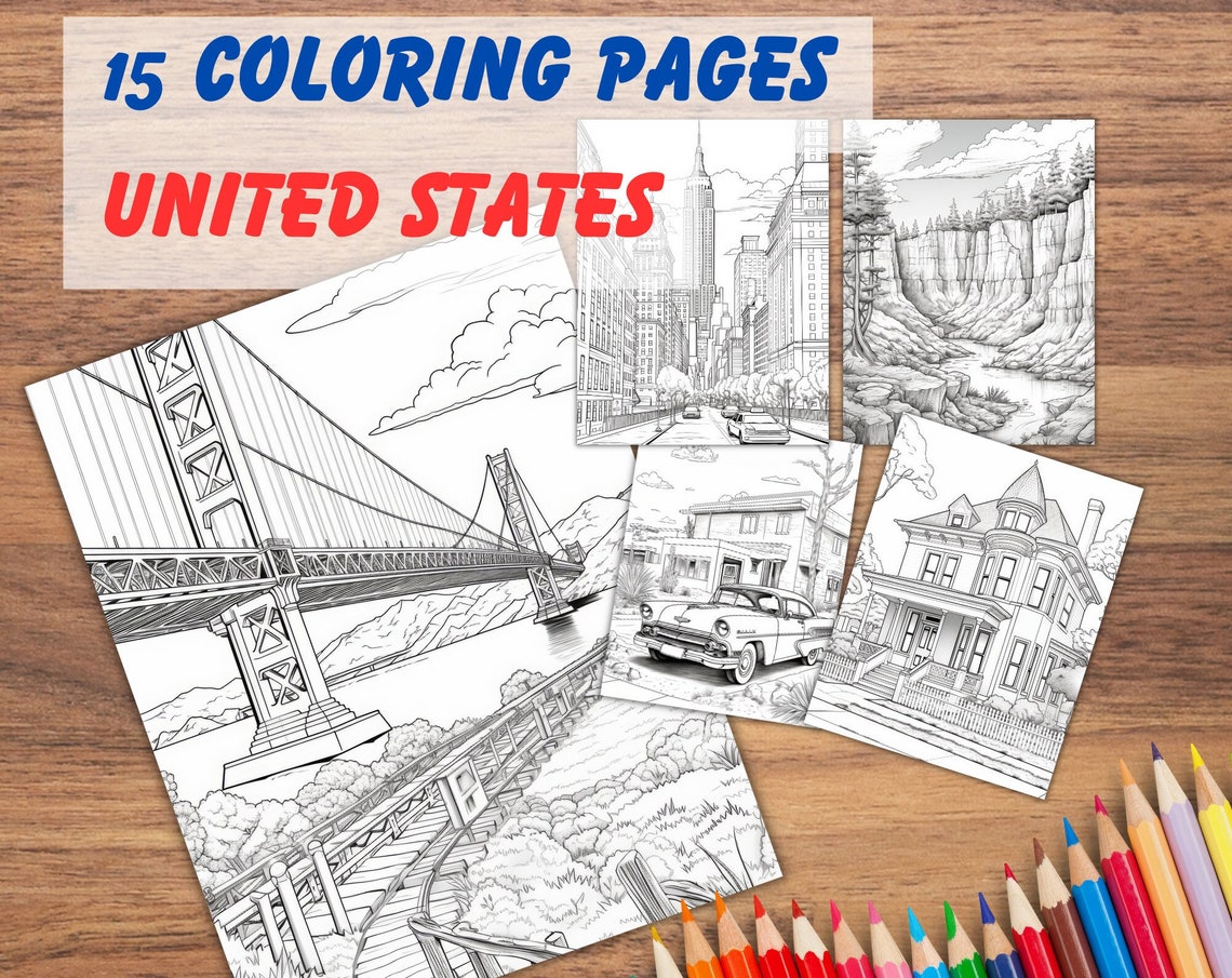 United States Landmarks 15 Coloring Pages Landmark Art Poster