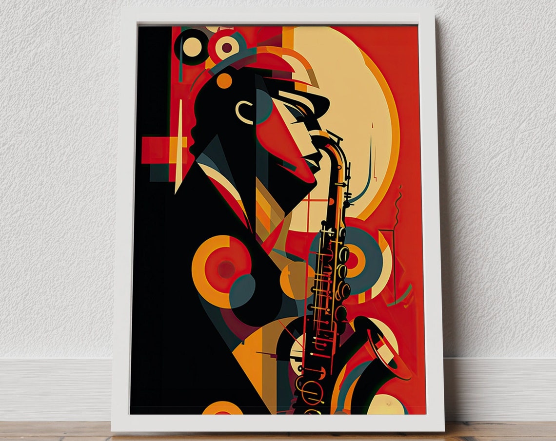 Geometric Saxophonist Red Black Orange Abstract Music Poster