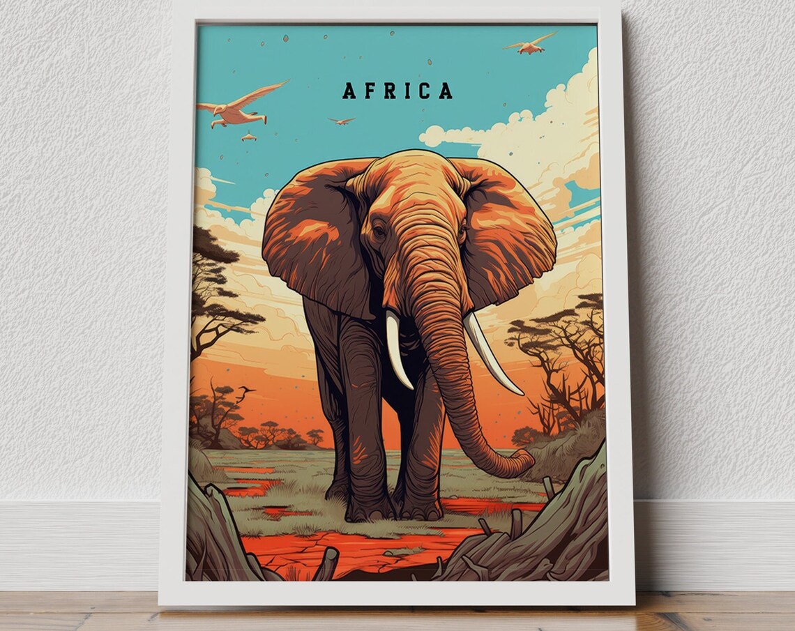 Africa Elephant Sunset Savanna Acacia Vintage Wildlife Travel Poster