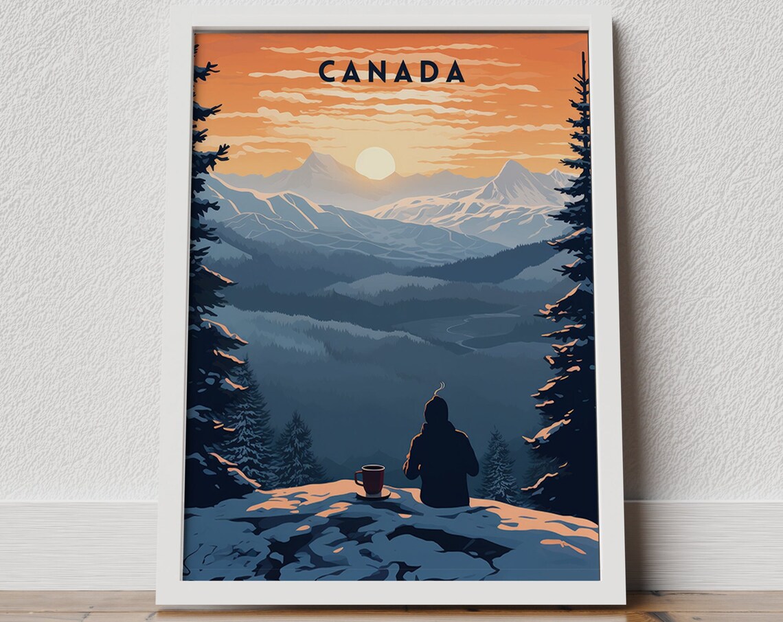 Canada Retro Travel Poster with Mountain Sunset Overlook View