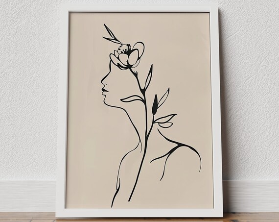 Minimalist Line Art Woman Profile with Flower Beige Art Poster