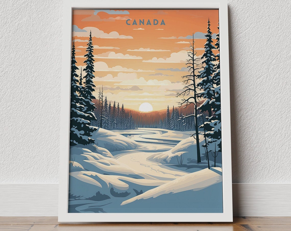 Canada Winter Wonderland Snowy Forest River Sunset Travel Poster