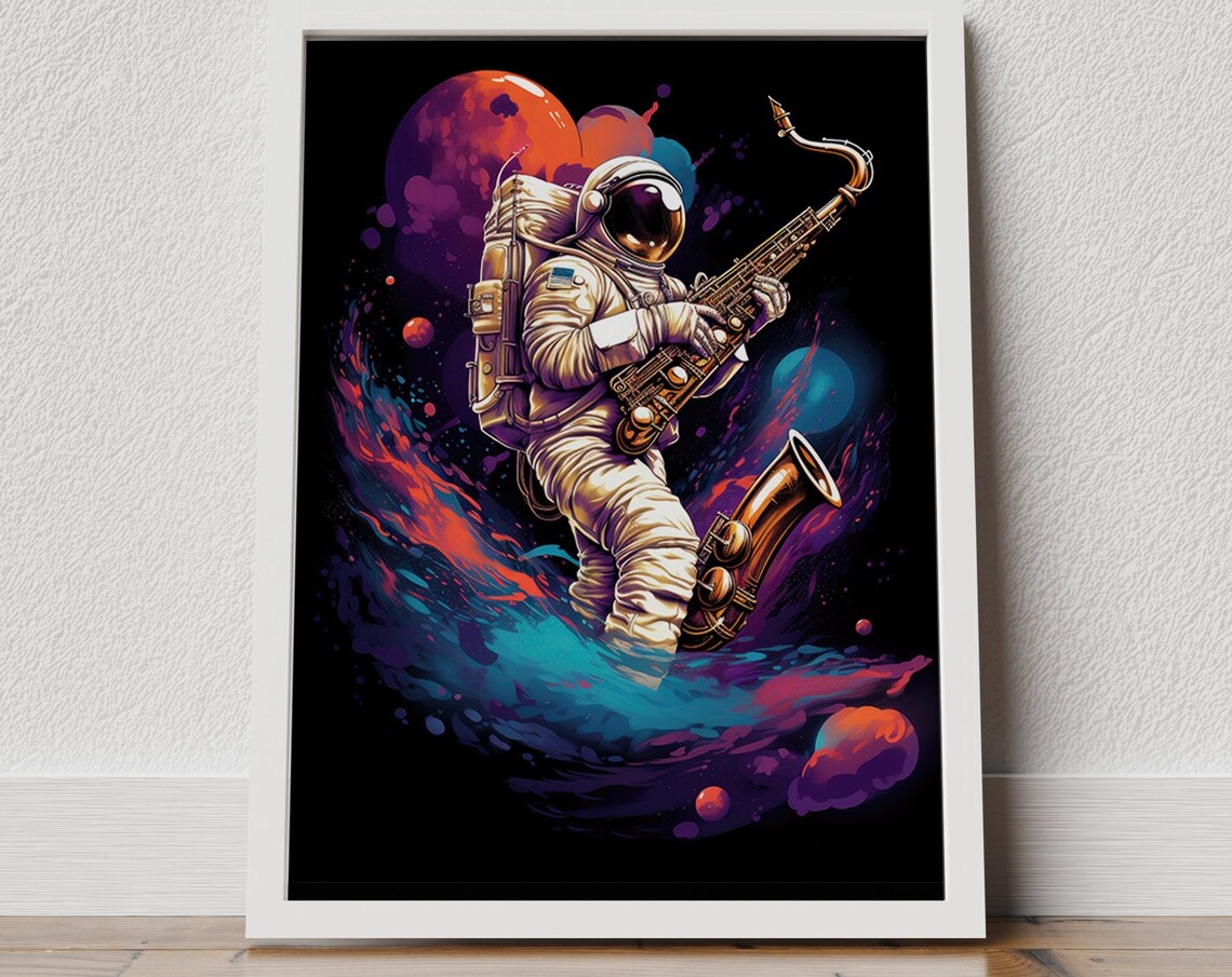 Astronaut Playing Saxophone Space Planets Neon Galaxy Art Poster
