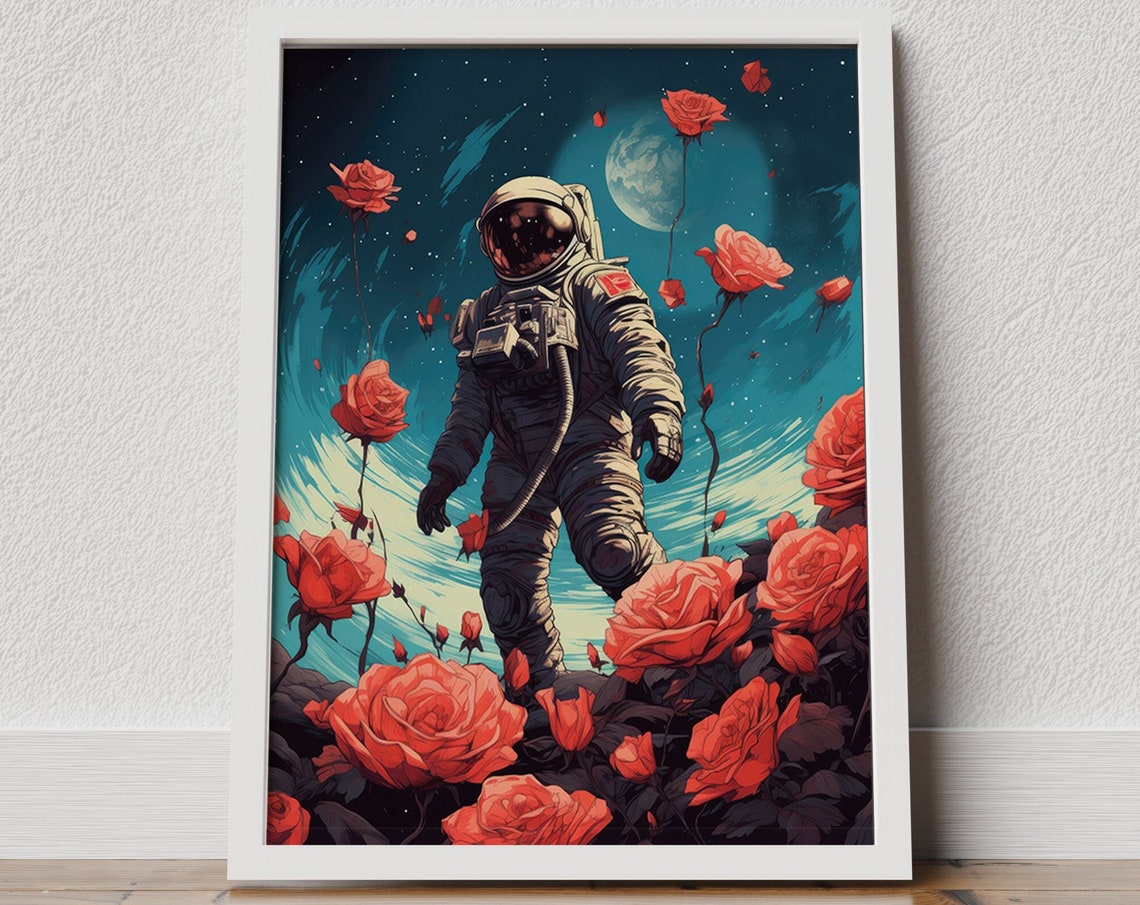 Astronaut Walking Among Giant Red Roses Space Fantasy Art Poster