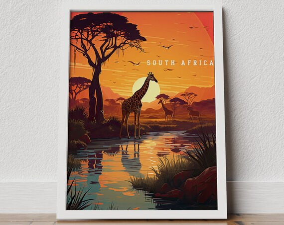 South Africa Giraffes Waterhole Sunset Savanna Vintage Travel Poster
