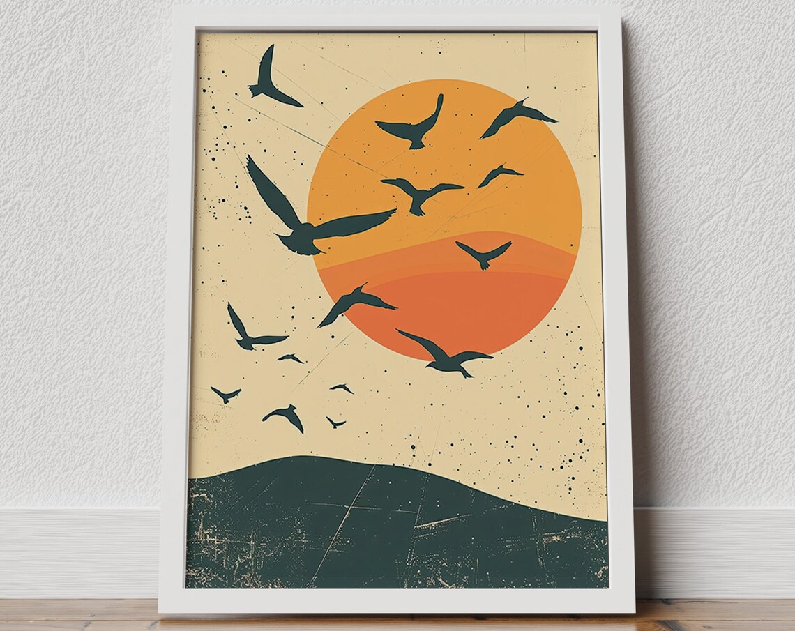 Flock Of Birds Flying Over Large Orange Sun Sunset Minimal Poster
